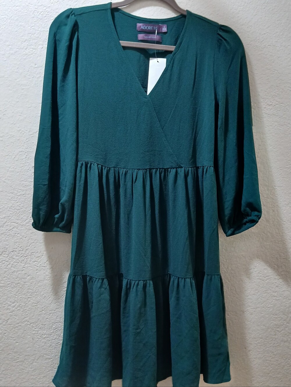 Adore Me New S Emerald Green Puff-Sleeve Tiered Dress